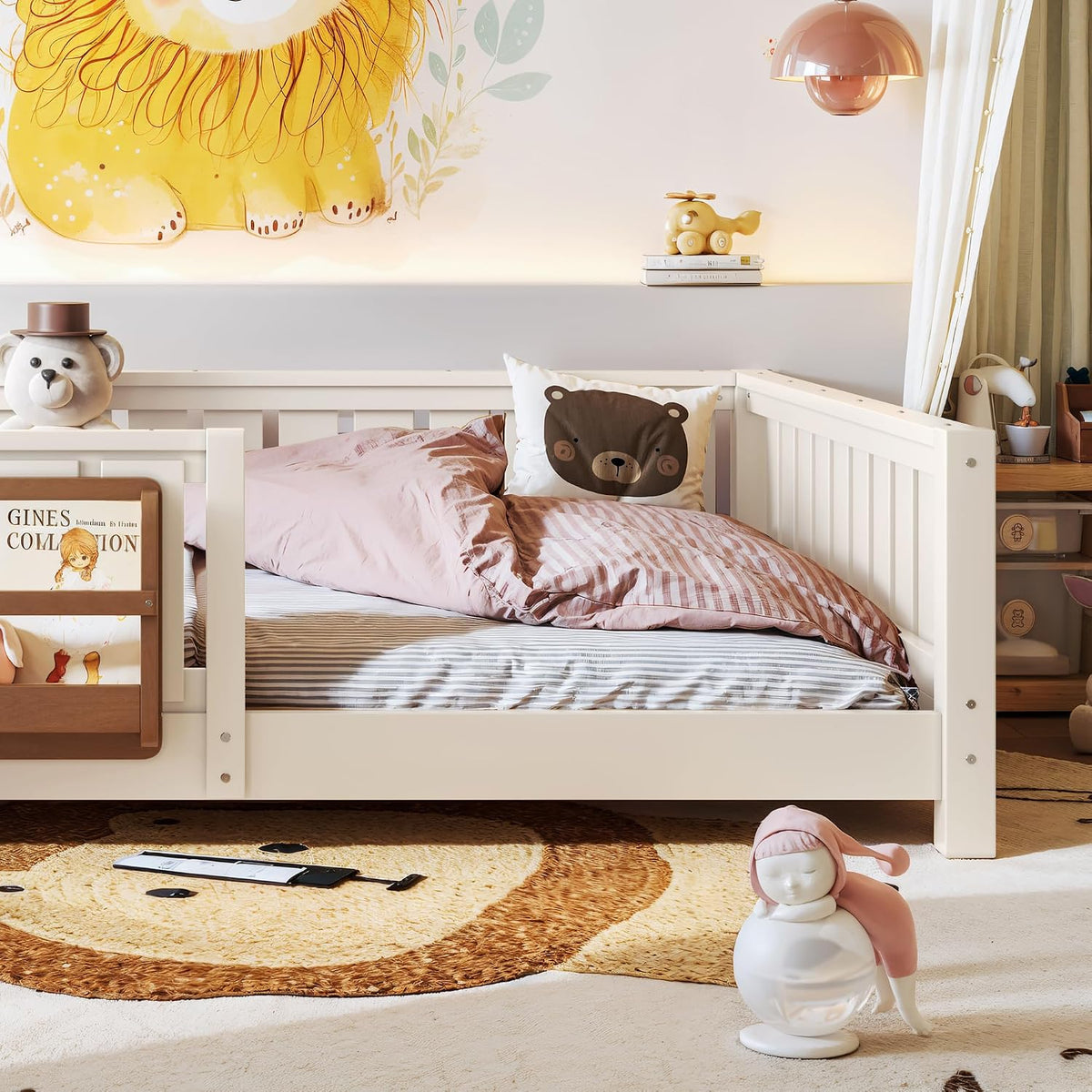 Beige Full Montessori Floor Bed With Rails