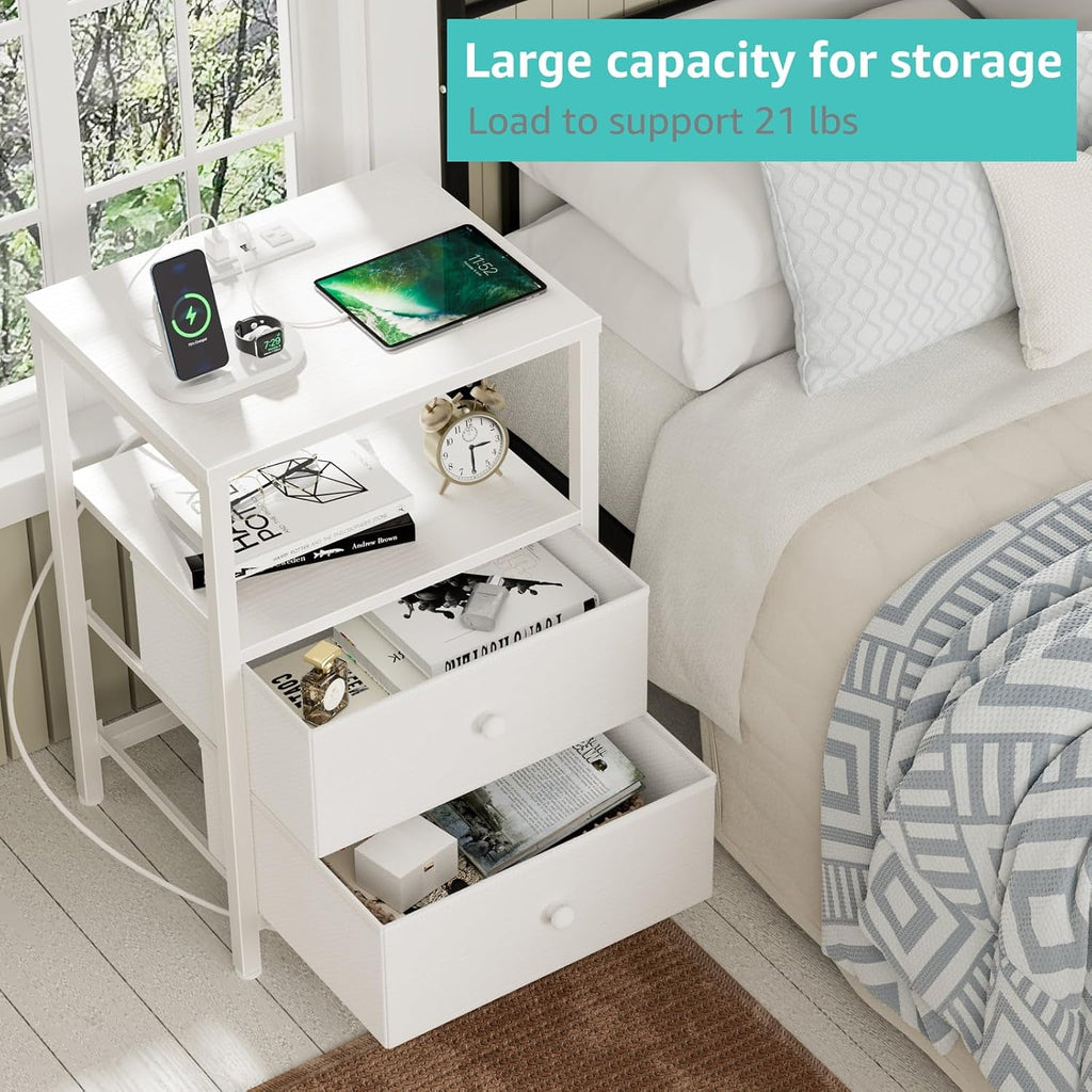 White Modern Nightstand With LED Charging Station