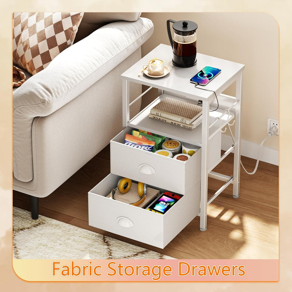 White Nightstand With Charging Storage Drawers