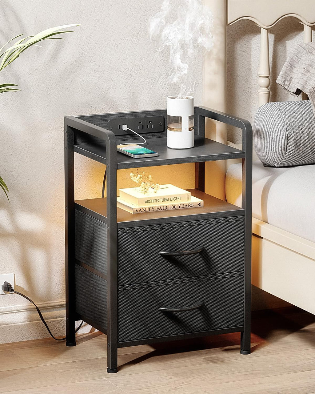 Black Nightstand With LED Charging Station