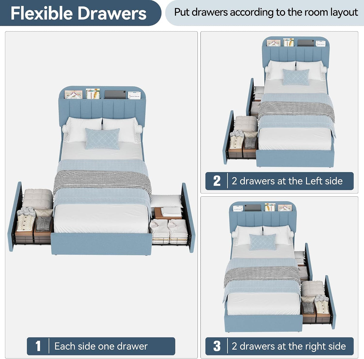 Blue Boucle Twin Kids Storage Bed Frame