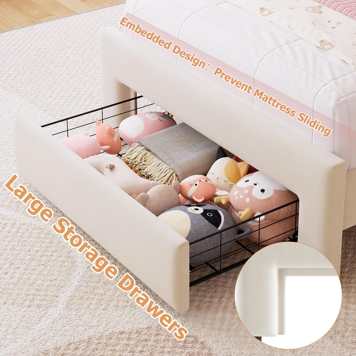 Beige Velvet LED Twin Storage Bed Frame