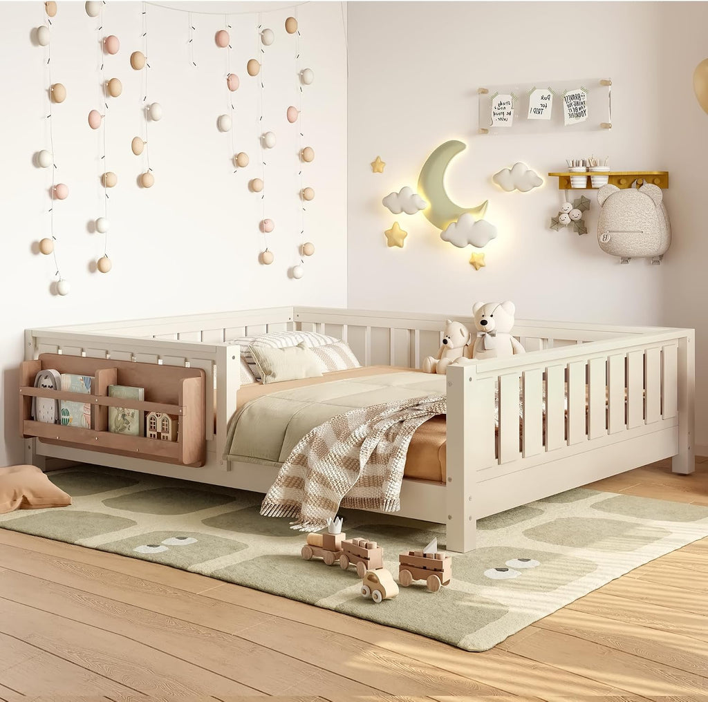 Beige Full Montessori Floor Bed With Rails