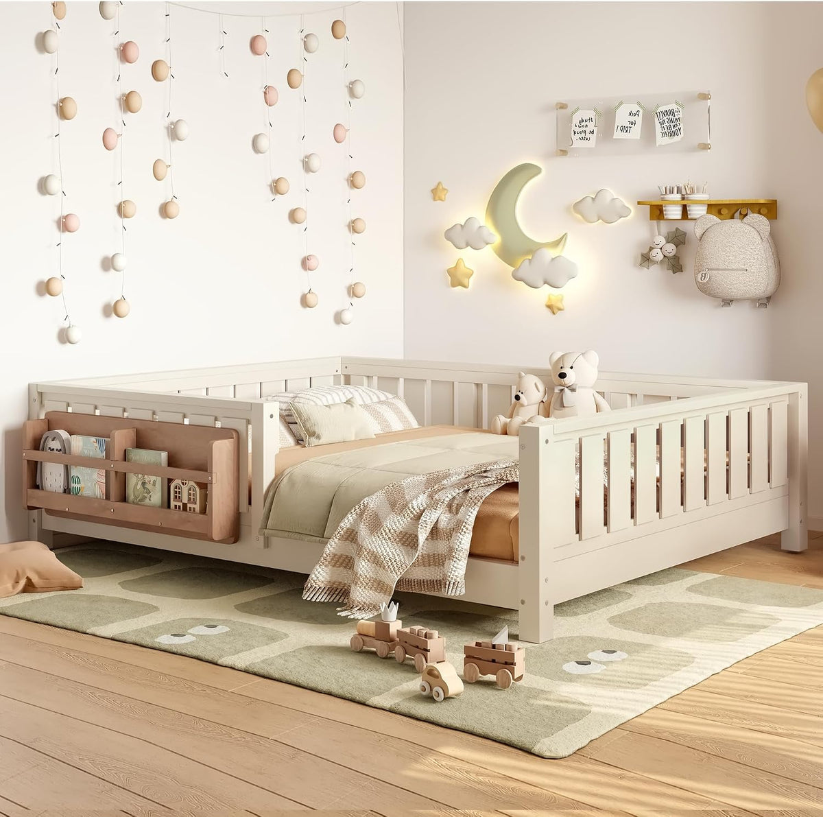 Beige Full Montessori Floor Bed With Rails