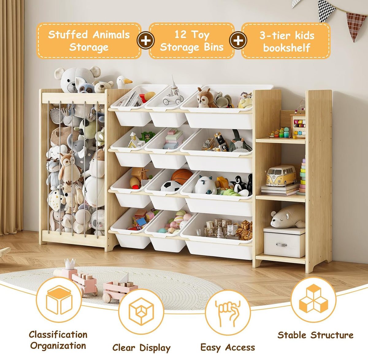 White Wood Kids Toy Organizer Bookcase