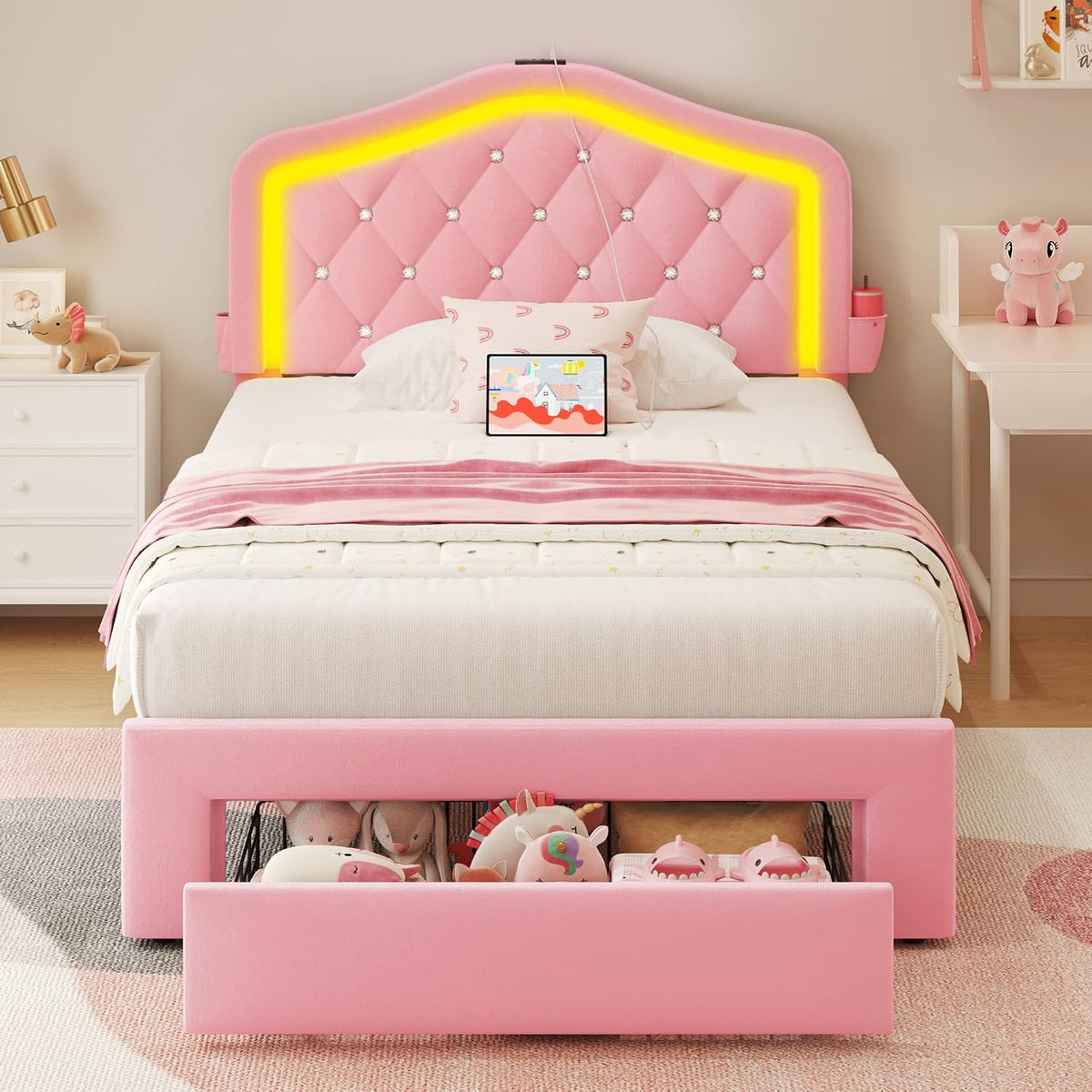 Pink Velvet Twin Girls Storage Bed Frame