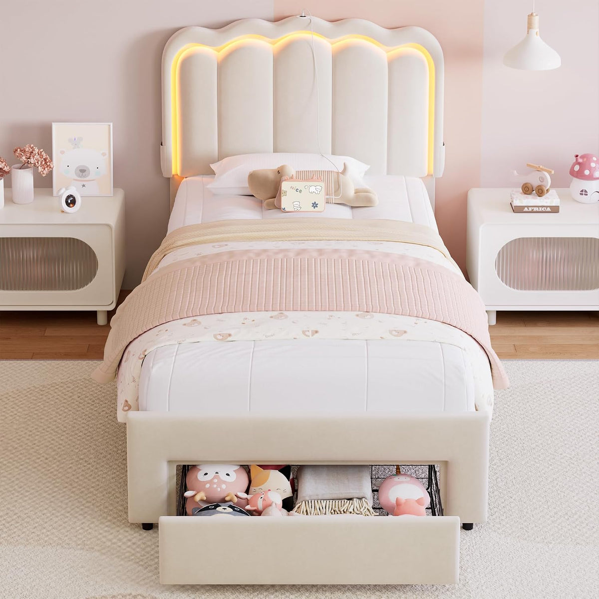 Beige Velvet LED Twin Storage Bed Frame