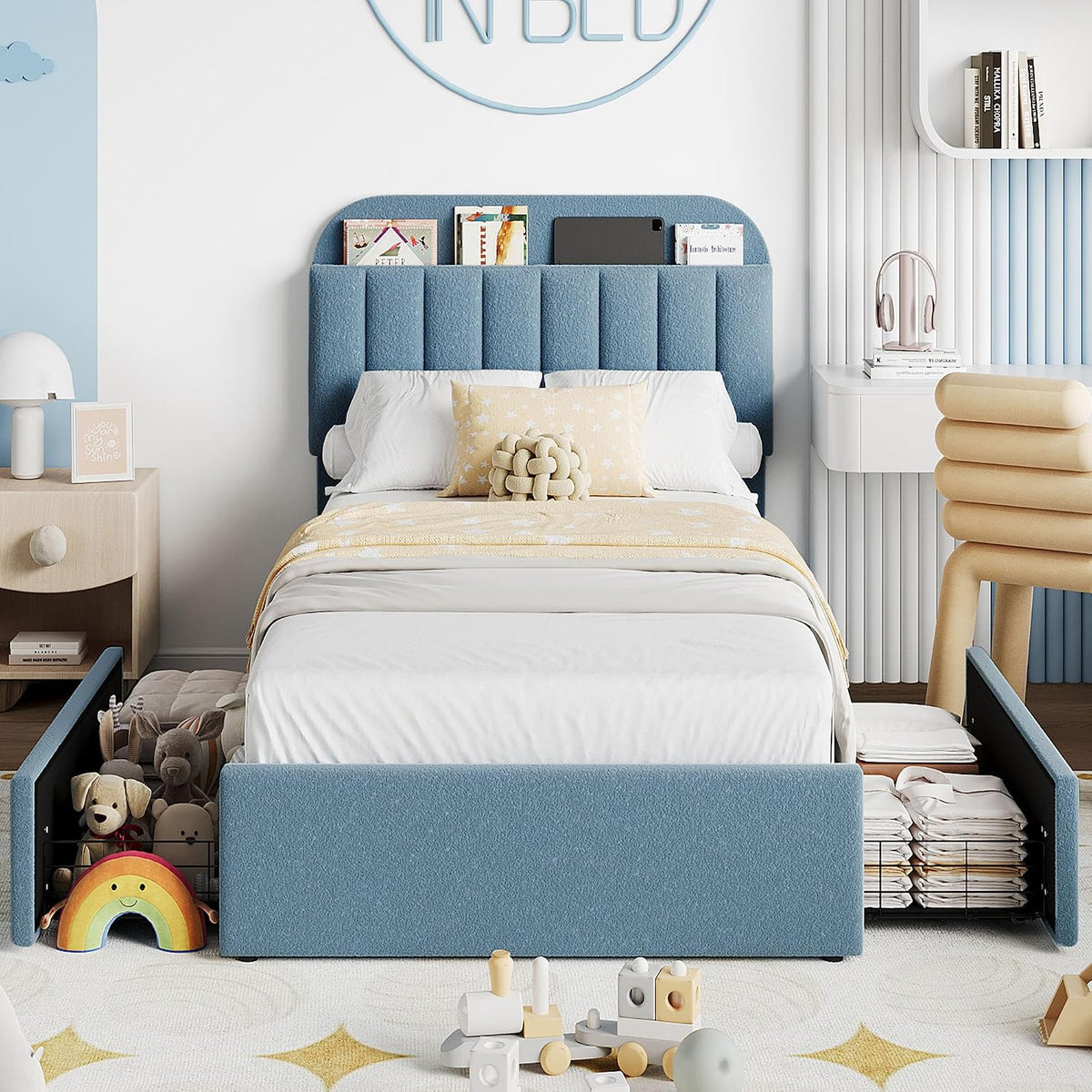Blue Boucle Twin Kids Storage Bed Frame