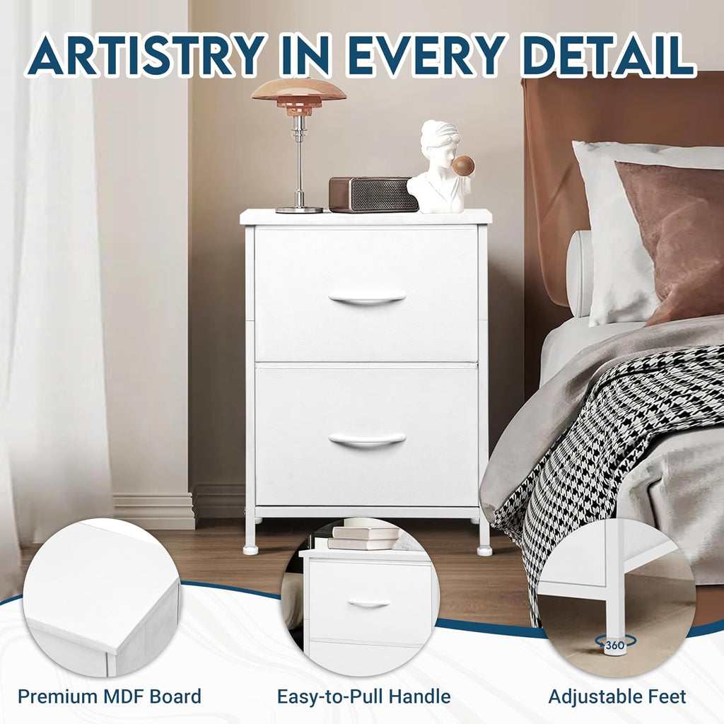 White Nightstand With 2 Fabric Drawers