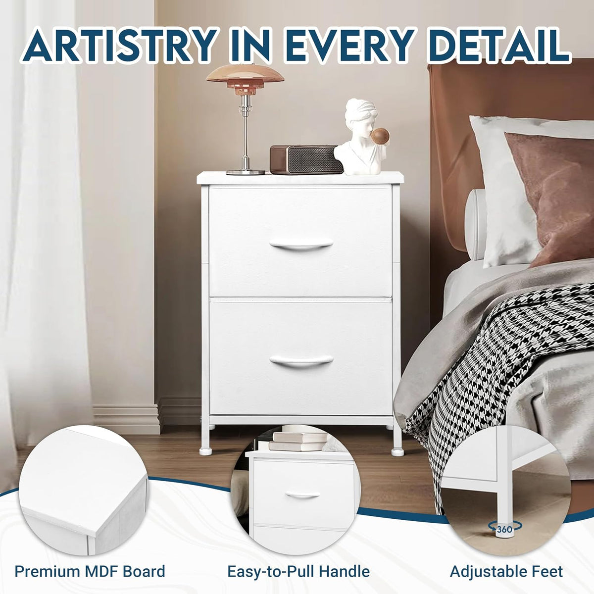 White Nightstand With 2 Fabric Drawers