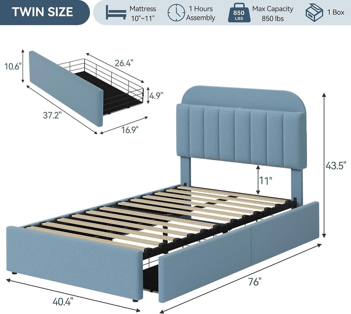 Blue Boucle Twin Kids Storage Bed Frame