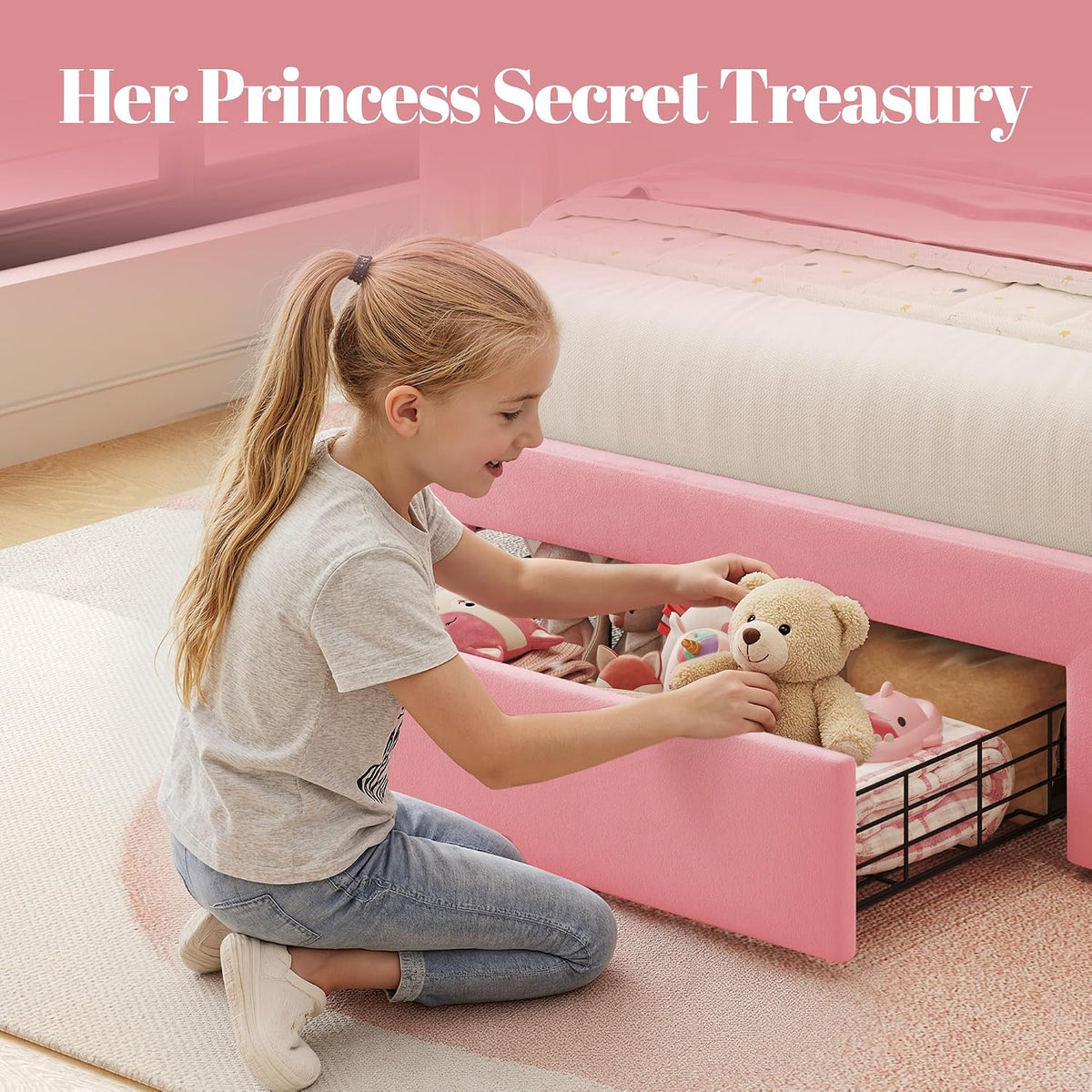Pink Velvet Twin Girls Storage Bed Frame