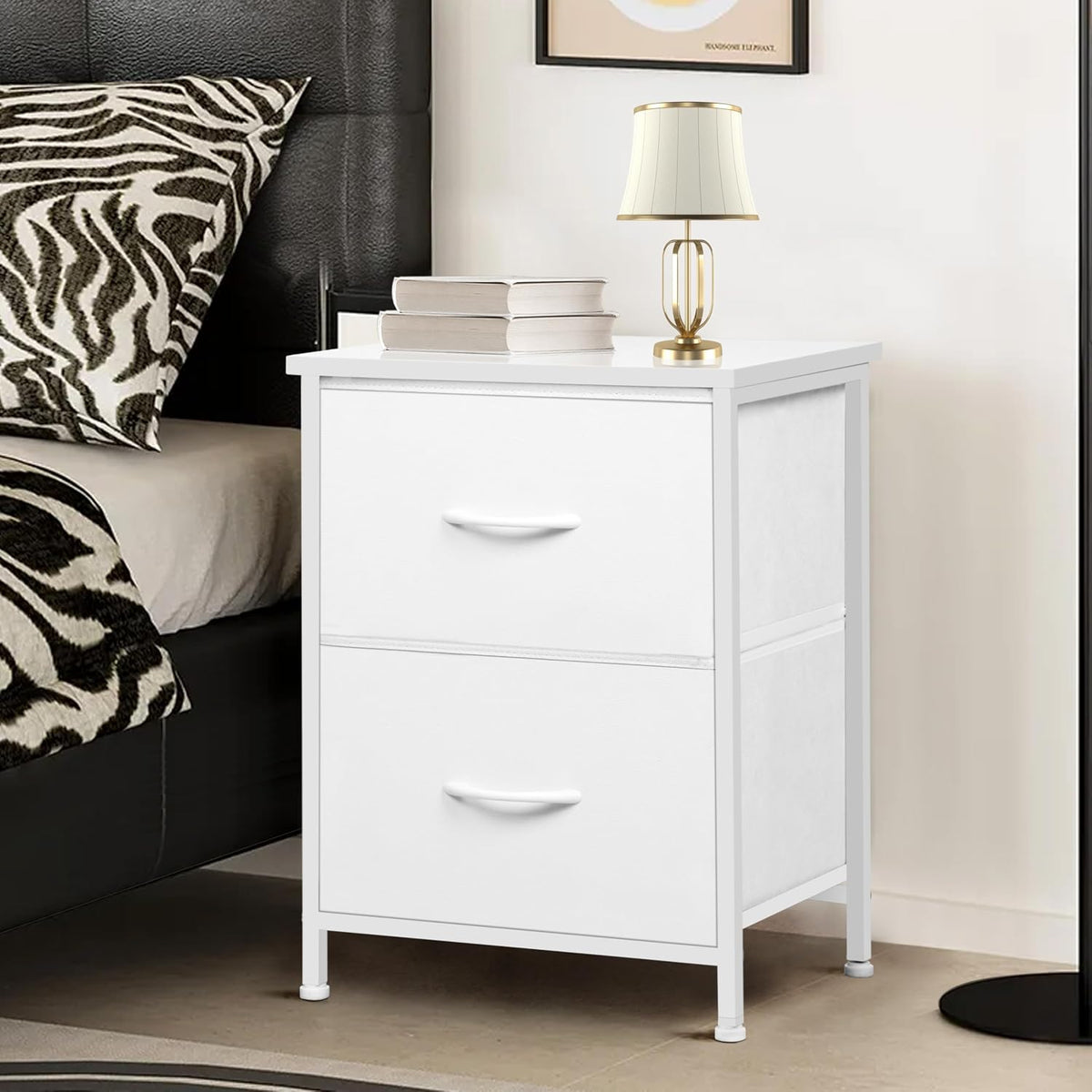 White Nightstand With 2 Fabric Drawers