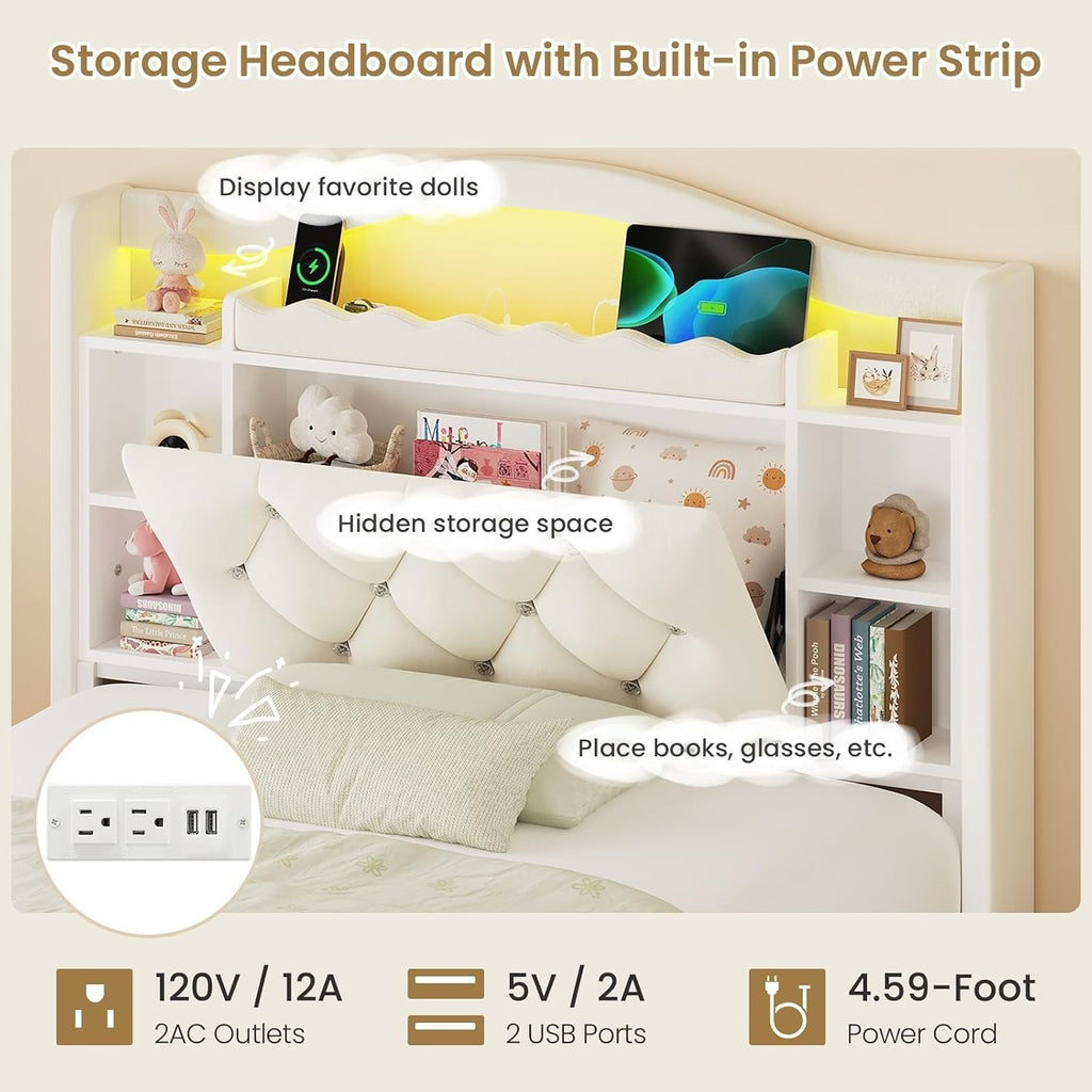 Beige Velvet Twin Kids Storage Bed Frame